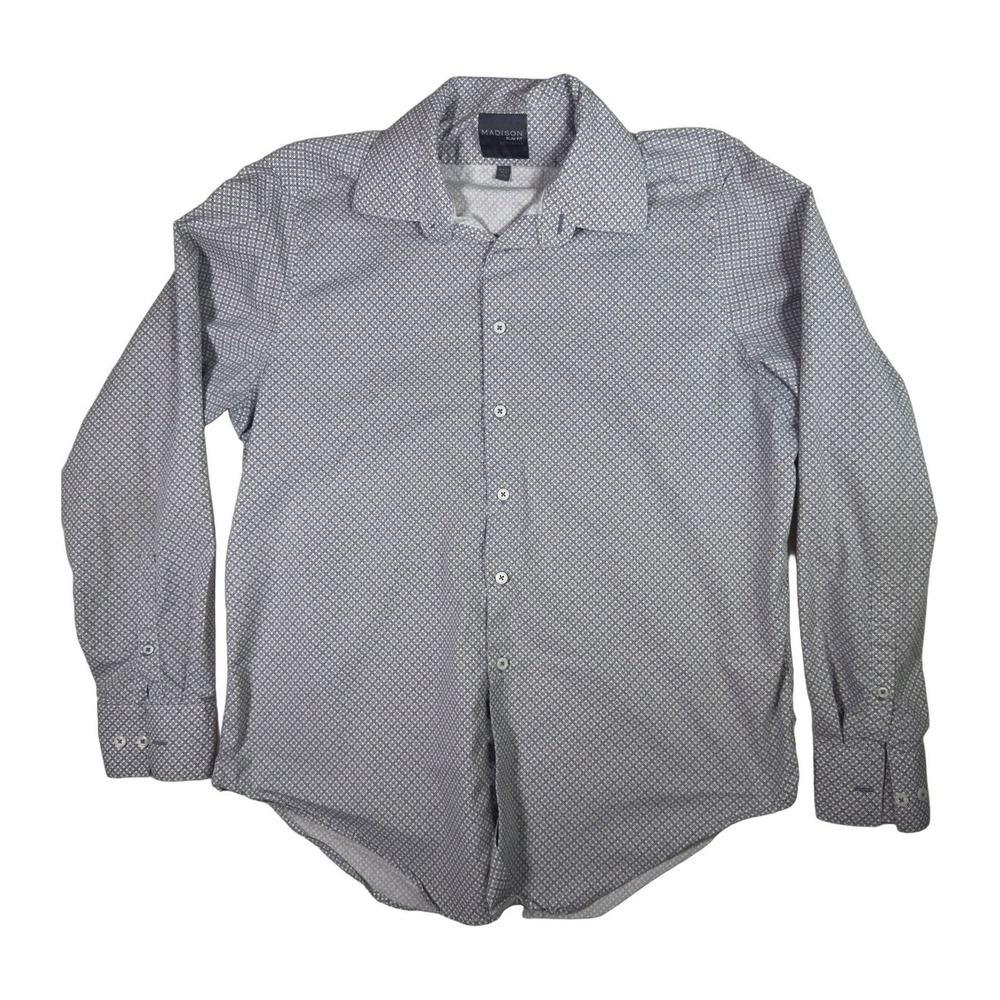 Madison Slim Fit Men's Dress Shirt Long Sleeve Geometric Pattern Size L Gray